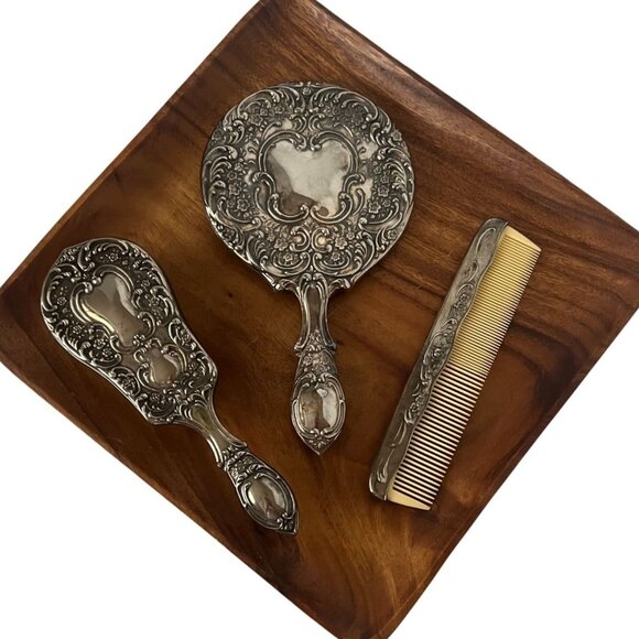 Other - Vintage Silver-Plated Vanity Set Mirror Brush Comb Dressing Table Set